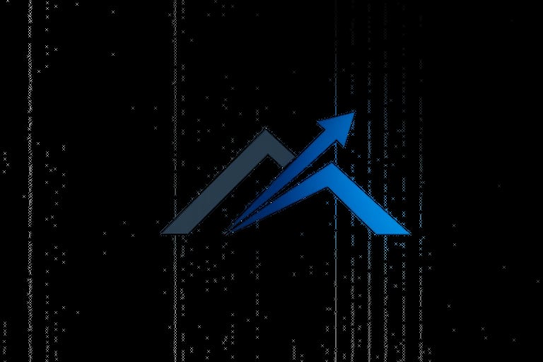 Abstract logo featuring a dark gray house outline with a blue upward arrow, symbolizing growth and real estate investment on a digital background